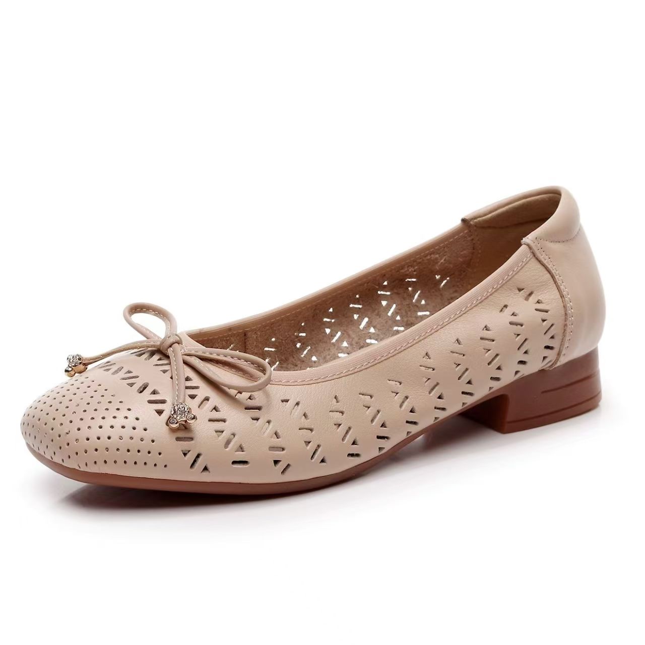 Casual Sandal Leather - 여성용 천연 가죽 펀칭 리본 누드