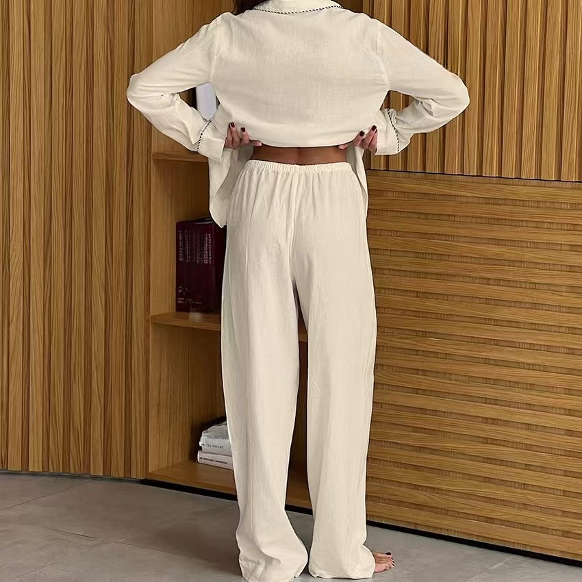 코튼 여성 파자마 세트, 대비색 스티치 라펠 칼라 버튼 - Linen Shirt Breathable 리뷰 및 가격