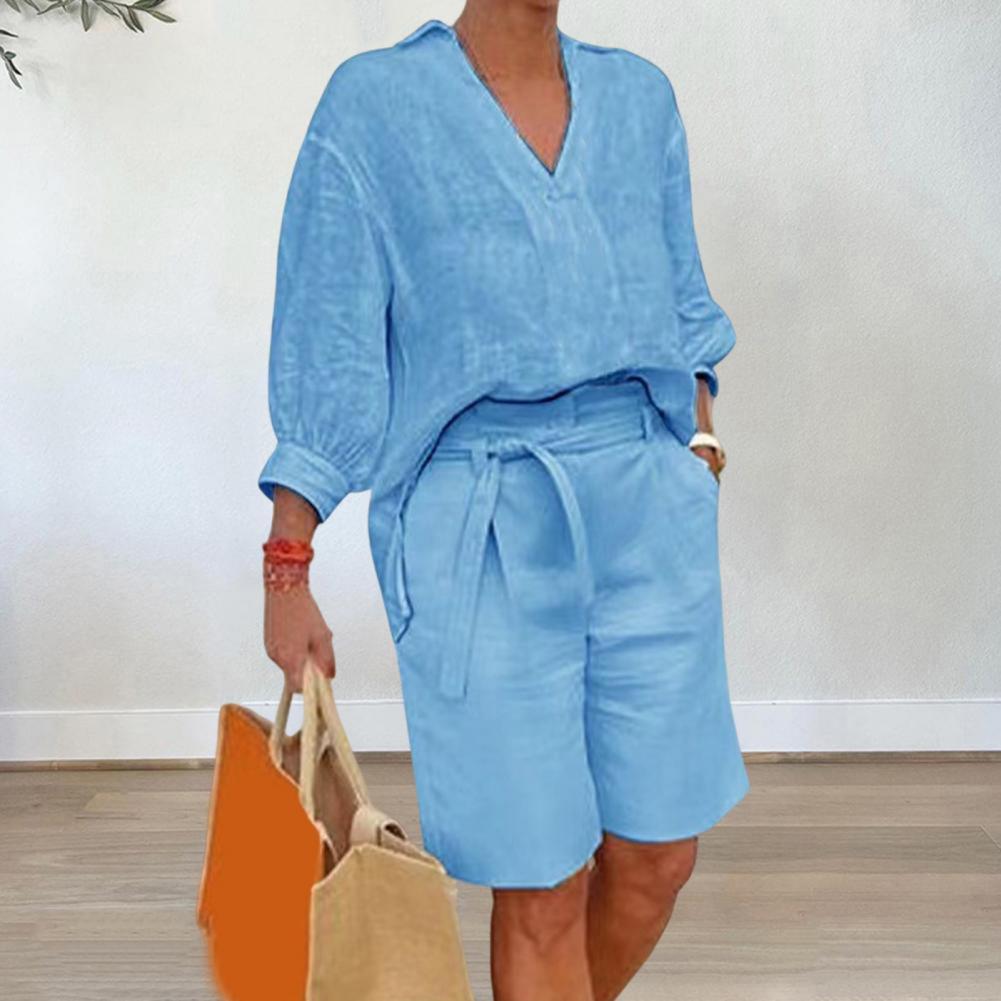 면 린넨 여성 투피스 세트 캐주얼 V넥 반팔 라펠 셔츠 - Linen Shirt Breathable 리뷰 및 가격